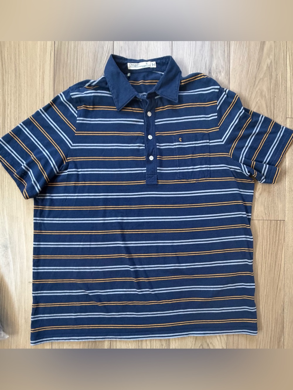 Criquet Polo Shirt Mens XL Navy Yellow Gray Striped Organic Cotton Short Sleeve